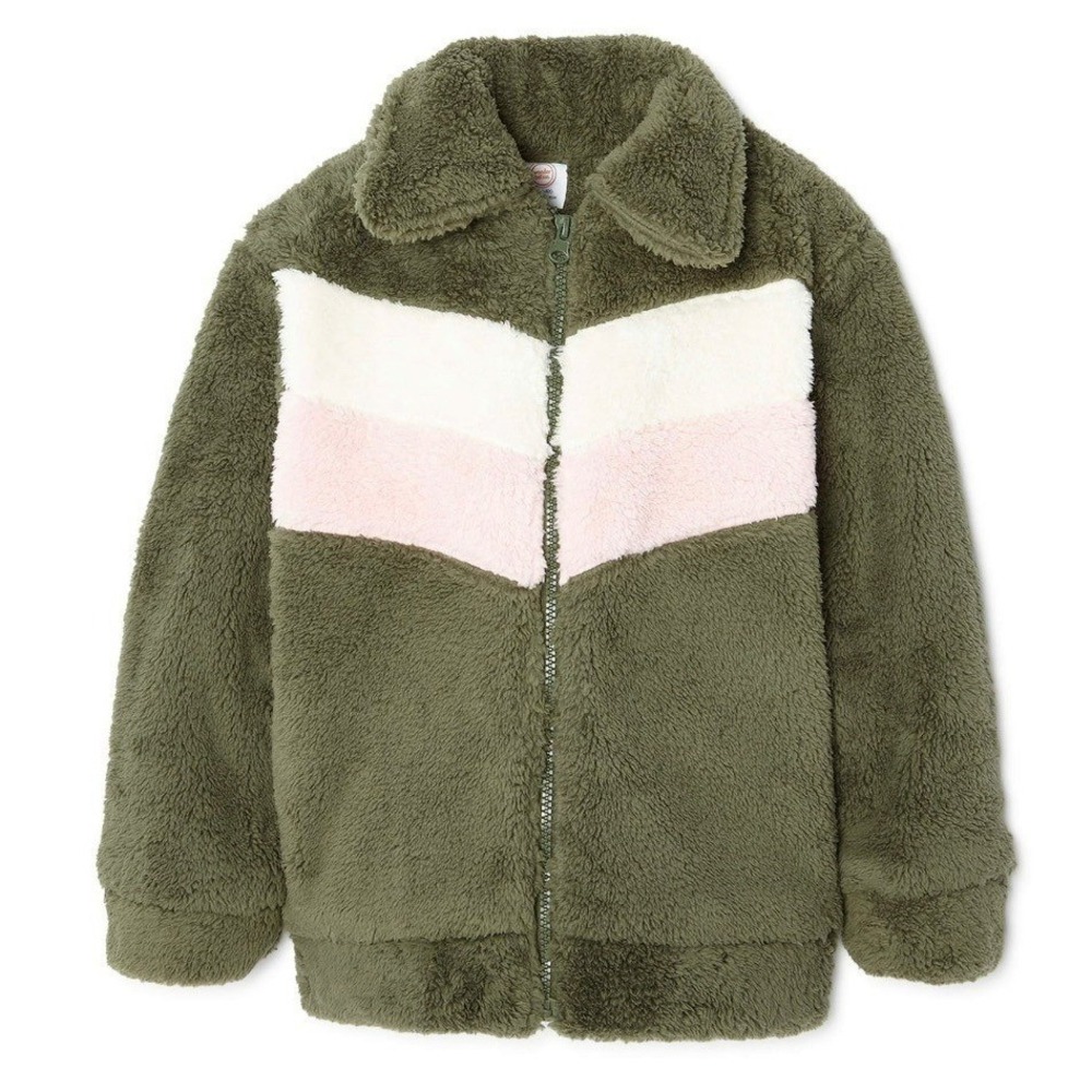 Wonder Nation Girls' Plush Pink & Green Winter Bomber Jacket – Soft, Warm Size M